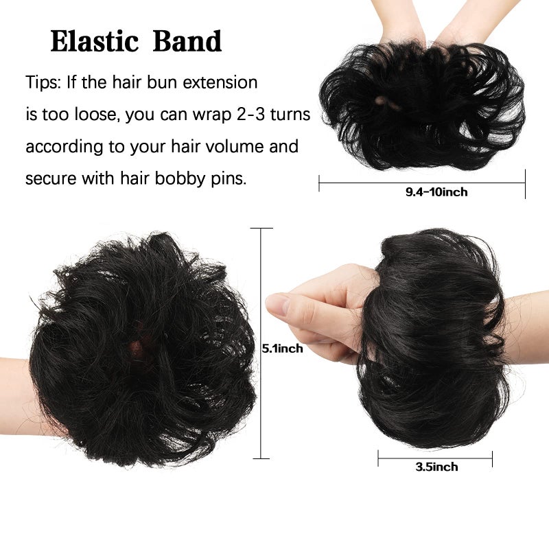 FESHFEN Human Messy Buns - 100% Human Hair Bun Real Scrunchies Hair Pieces Ponytail Extensions Wavy Tousled Updo Chignon Hairpieces for Women, Black - Image 3